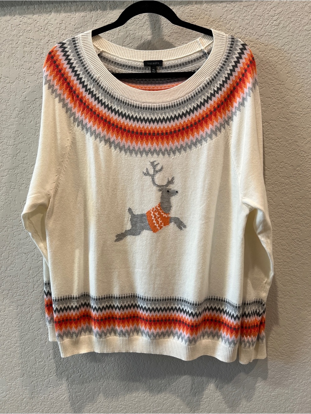 Talbots Reindeer Fair Isle Pullover Sweater Ivory Red Gray Lightweight Size XL - Picture 2 of 11
